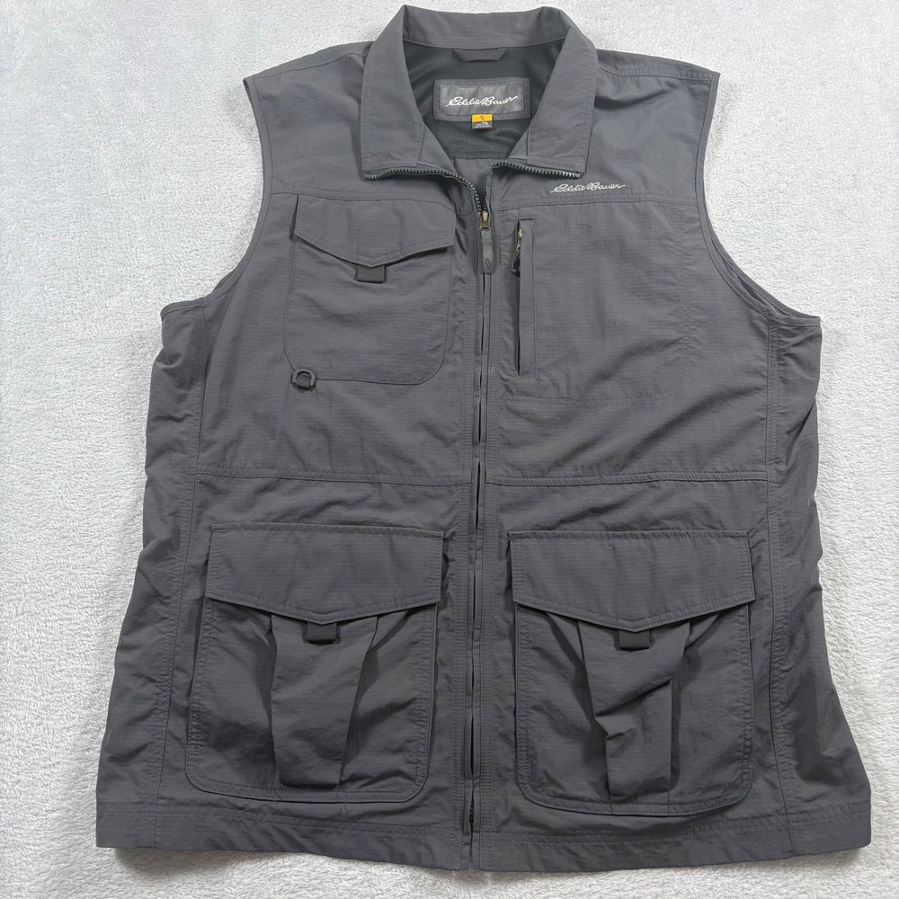 Eddie Bauer Travex Atlas Utility Vest Mens TXL Gray Nylon Ripstop Fishing Hiking